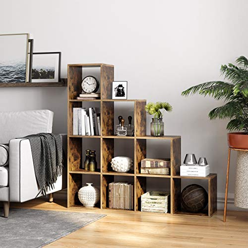 VASAGLE Estantería en Forma de Escalera, Estantería de Almacenamiento con 10 Cubos, de Madera, Ideal para Estudio, Sala de Estar y Dormitorio, Marrón Rústico, LBC10BX