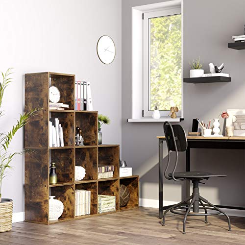 VASAGLE Estantería en Forma de Escalera, Estantería de Almacenamiento con 10 Cubos, de Madera, Ideal para Estudio, Sala de Estar y Dormitorio, Marrón Rústico, LBC10BX