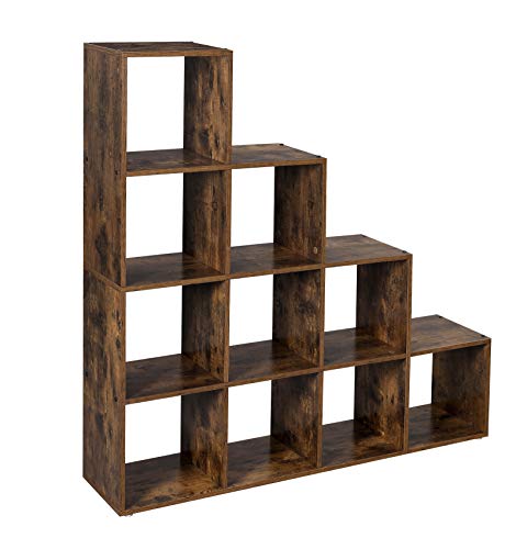 VASAGLE Estantería en Forma de Escalera, Estantería de Almacenamiento con 10 Cubos, de Madera, Ideal para Estudio, Sala de Estar y Dormitorio, Marrón Rústico, LBC10BX