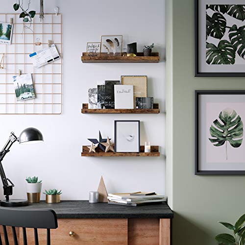 VASAGLE Juego de 3 Estantes Murales, Estanterías de Pared de Madera para Marcos de Fotos y Libros, Montaje Sencillo, Estilo Moderno, para Baño, Cocina y Sala de Estar, Marrón Rústico LWS037X01