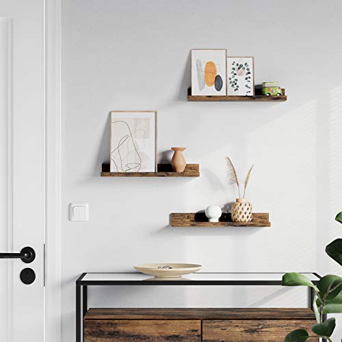 VASAGLE Juego de 3 Estantes Murales, Estanterías de Pared de Madera para Marcos de Fotos y Libros, Montaje Sencillo, Estilo Moderno, para Baño, Cocina y Sala de Estar, Marrón Rústico LWS037X01