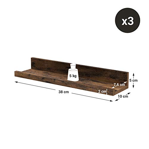 VASAGLE Juego de 3 Estantes Murales, Estanterías de Pared de Madera para Marcos de Fotos y Libros, Montaje Sencillo, Estilo Moderno, para Baño, Cocina y Sala de Estar, Marrón Rústico LWS037X01