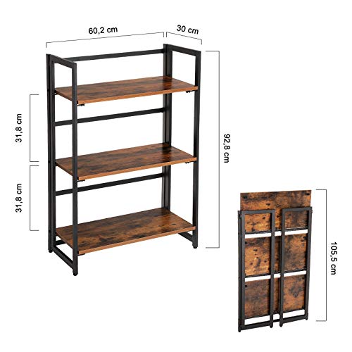 VASAGLE Librerias, Estantería Plegable Vintage, Estantería de 3 Niveles, Estantería Multifuncional, Fácil Montaje, con Marco Metálico, Vintage y Negro LLS66X