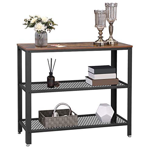 VASAGLE Mesa de Consola de Estuilo Industrial, Mesa para Pasillo con 2 Estantes de Malla, Mesa para Salón, 101,5 x 35 x 80 cm, Acero, Marrón Rústico y Negro LNT81BX