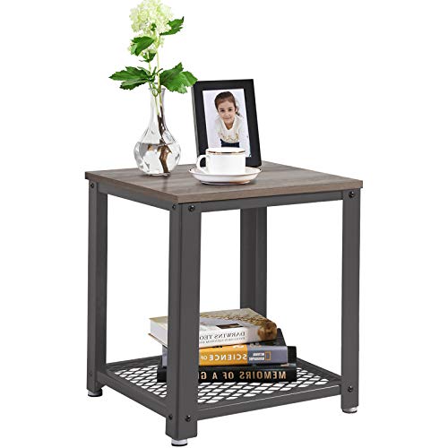 VASAGLE Mesita de Noche de Estilo Industrial, Mesa Lateral, Mesita de Café, Estante de Malla, Marco Metálico, para Sala de Estar, Dormitorio, Montaje Fácil, Greige y Gris LET41MG