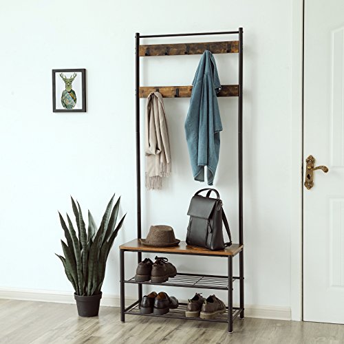 VASAGLE Perchero de Estilo Industrial, Perchero con Zapatero, Perchero con Banqueta para Pasillo, Organizador de Ropa con Ganchos, Marco de Metal Mate, 175 cm de Altura, Marrón Rústico y Negro HSR41BX