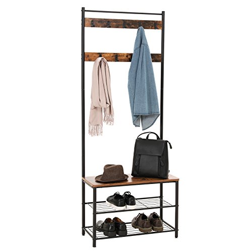 VASAGLE Perchero de Estilo Industrial, Perchero con Zapatero, Perchero con Banqueta para Pasillo, Organizador de Ropa con Ganchos, Marco de Metal Mate, 175 cm de Altura, Marrón Rústico y Negro HSR41BX
