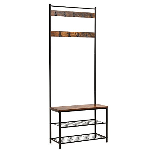 VASAGLE Perchero de Estilo Industrial, Perchero con Zapatero, Perchero con Banqueta para Pasillo, Organizador de Ropa con Ganchos, Marco de Metal Mate, 175 cm de Altura, Marrón Rústico y Negro HSR41BX