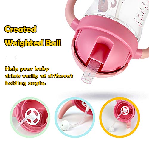 Vaso Bebe Vaso Antiderrames 270ml, Taza Aprendizaje Sin BPA Tritan Botella Agua Niños con Pajita y Asas, 6 Months, Fácil de Limpiar - Rosa