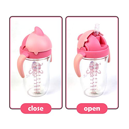 Vaso Bebe Vaso Antiderrames 270ml, Taza Aprendizaje Sin BPA Tritan Botella Agua Niños con Pajita y Asas, 6 Months, Fácil de Limpiar - Rosa