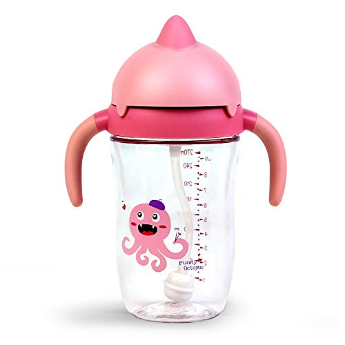 Vaso Bebe Vaso Antiderrames 270ml, Taza Aprendizaje Sin BPA Tritan Botella Agua Niños con Pajita y Asas, 6 Months, Fácil de Limpiar - Rosa
