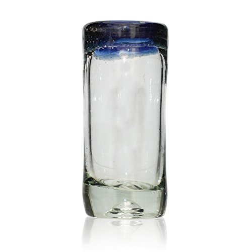 Vaso de Chupito/Tequila Artesanal – Vidrio Reciclado – Borde azul – Juego de 2