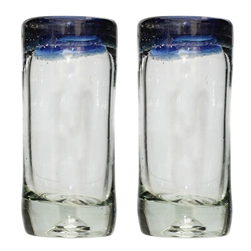 Vaso de Chupito/Tequila Artesanal – Vidrio Reciclado – Borde azul – Juego de 2