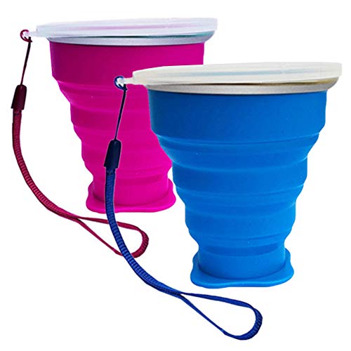 Vaso Plegable sin BPA Tazas de Café de Silicona Con tapa Copa de Viaje Portátil Para Senderismo Exterior Cámping Deportes (Azul + Rosa)