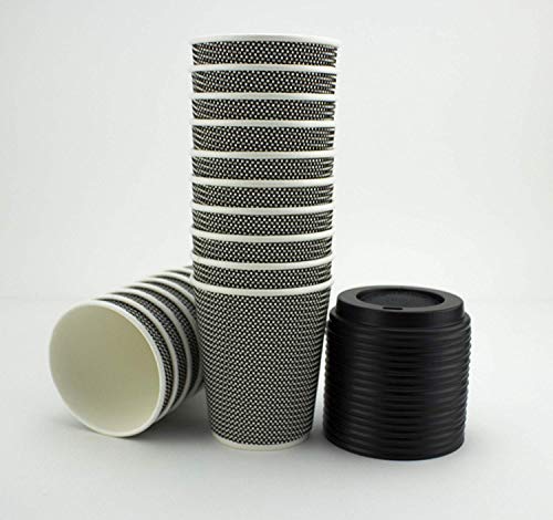 Vasos con triple capa de aislamiento térmico ondulada y tapa a prueba de fugas para café y bebidas calientes para llevar, color blanco y negro 226 g blanco y negro