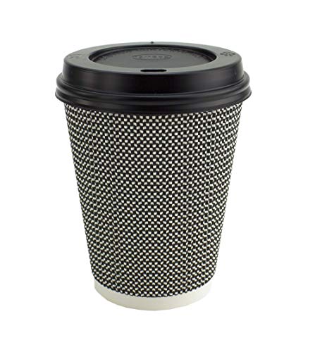 Vasos con triple capa de aislamiento térmico ondulada y tapa a prueba de fugas para café y bebidas calientes para llevar, color blanco y negro 226 g blanco y negro
