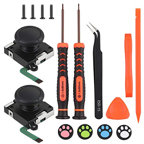 Vastar 2Pcs 3D Joysticks Analógicos de Reemplazo para Nintendo Switch Joy-Con con 4 Tapas para Joystick, Destornillador de Tres Alas y Cruz, Herramientas de palanca, Cepillo de Limpieza, Tornillos