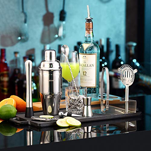 Velaze Coctelera Coctéles Juego, Set Cocktail Shaker Kit Profesional para Barman, Juego 10 Piezas Accesorios de Cóctel de Acero Inoxidable SUS304 para Martini Gin Tonic Mojito - Plata (850 ml)