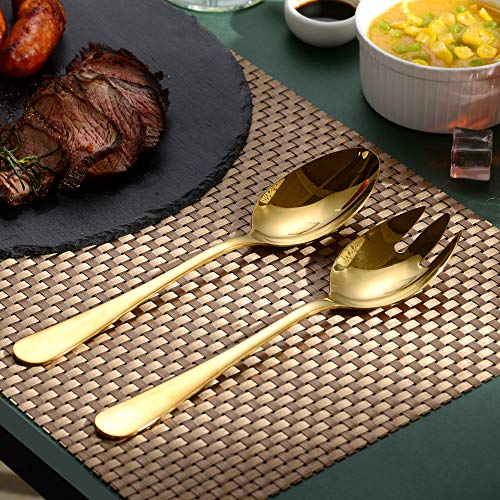 Velaze Juego de Cubiertos para Ensalada, Set 2 Piezas con Cuchara y Tenedor de Acero Inoxidable 18/10, Oro(25cm)