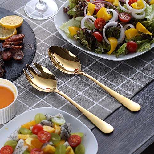 Velaze Juego de Cubiertos para Ensalada, Set 2 Piezas con Cuchara y Tenedor de Acero Inoxidable 18/10, Oro(25cm)