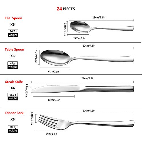 Velaze Juego de Cubiertos, Vijilla de Acero Inoxidable 18/10, 24 Piezas de Cubertería Incluyen 6 Cuchillos de Mesa, 6 Tenedores, 6 Cucharas y 6 Cucharitas de Té, Plata