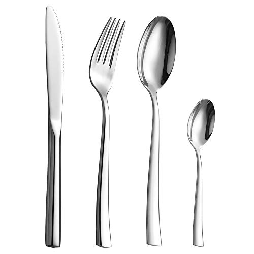 Velaze Juego de Cubiertos, Vijilla de Acero Inoxidable 18/10, 24 Piezas de Cubertería Incluyen 6 Cuchillos de Mesa, 6 Tenedores, 6 Cucharas y 6 Cucharitas de Té, Plata