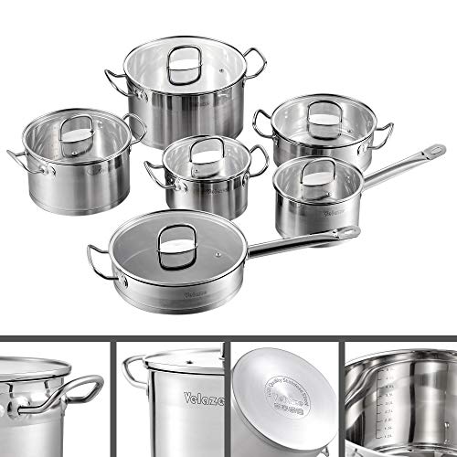 Velaze Juego de Ollas, Batería de Utensilios de Cocina de Acero Inoxidable, Conjunto de Cacerolas Antiadherentes con Tapa de Vidrio(12 Piezas)