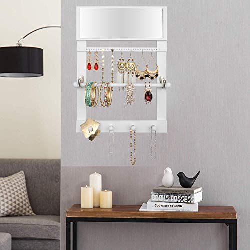 Vencipo Caja Joyeria de Pared con Espejo para Collar Organizador, Estantería de Pared de Madera con Varilla para Pulseras Almacenaje, Soportes de Joyero de Exhibición para Anillos, Pendientes.