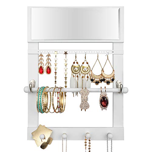 Vencipo Caja Joyeria de Pared con Espejo para Collar Organizador, Estantería de Pared de Madera con Varilla para Pulseras Almacenaje, Soportes de Joyero de Exhibición para Anillos, Pendientes.