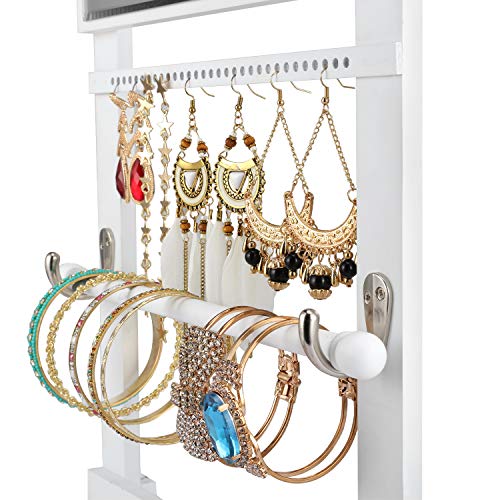 Vencipo Caja Joyeria de Pared con Espejo para Collar Organizador, Estantería de Pared de Madera con Varilla para Pulseras Almacenaje, Soportes de Joyero de Exhibición para Anillos, Pendientes.
