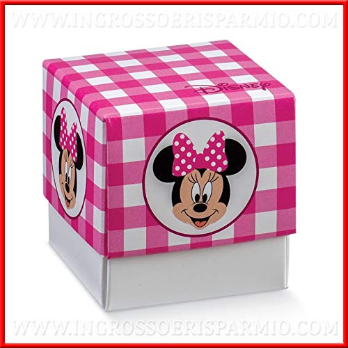 Venta AL por mayor y ahorro de 12 cajitas para peladillas de cartón Blanco O A cuadros Fucsia con impresión de Minnie Mouse, firmados Disney, Fiesta originales nacimiento, bautismo niña
