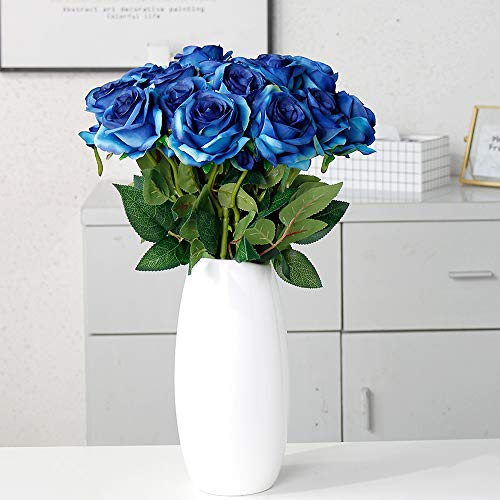 Veryhome 10 Piezas Artificial Seda Rosa Flores Falsas Ramos de Flores para La Decoración de La Boda Home Birthday Party Arrangment Jardín Decoración (Azul, Rosas florecientes)