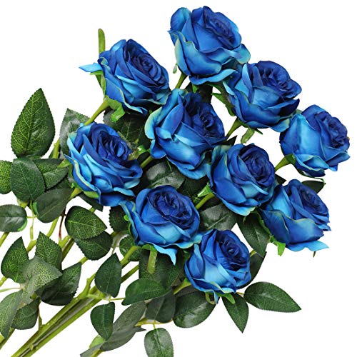 Veryhome 10 Piezas Artificial Seda Rosa Flores Falsas Ramos de Flores para La Decoración de La Boda Home Birthday Party Arrangment Jardín Decoración (Azul, Rosas florecientes)