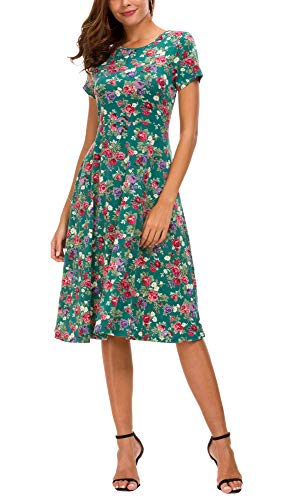 Vestido Estampado Floral de Mujer Cintura Alta Vestido a Media Pierna Manga Corta (M, 1)