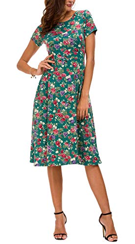 Vestido Estampado Floral de Mujer Cintura Alta Vestido a Media Pierna Manga Corta (M, 1)