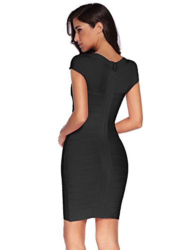 Vestido Shownice, para mujer, de manga corta, cuello cuadrado, tipo bandage Negro negro Large