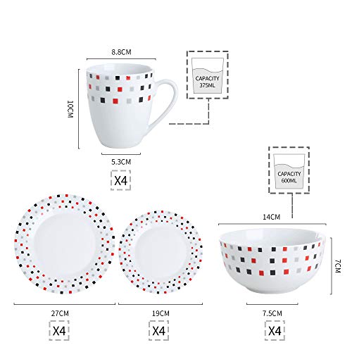 VEWEET ADA Juego de Vajilla 16 Piezas con 4 Platos Llanos, 4 Platos de Postre, 4 Cuenco de Cereal y 4 Tazas para 4 Personas