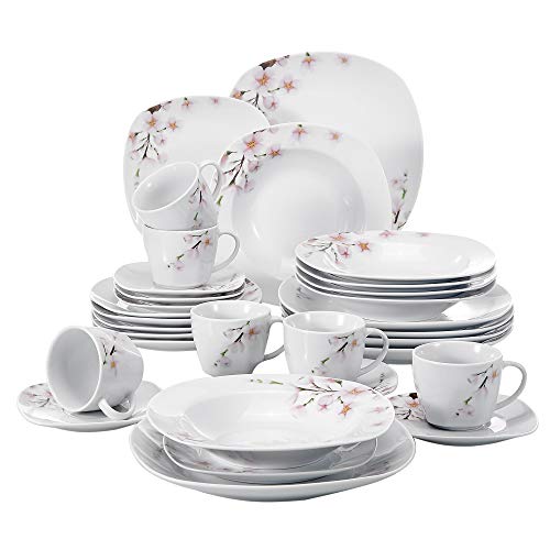VEWEET Annie 30 Piezas Vajillas de Porcelana Juegos con 6 Taza 175 ml, 6 Platillo, 6 Platos, 6 Platos de Postre y 6 Platos Hondos para 6 Personas