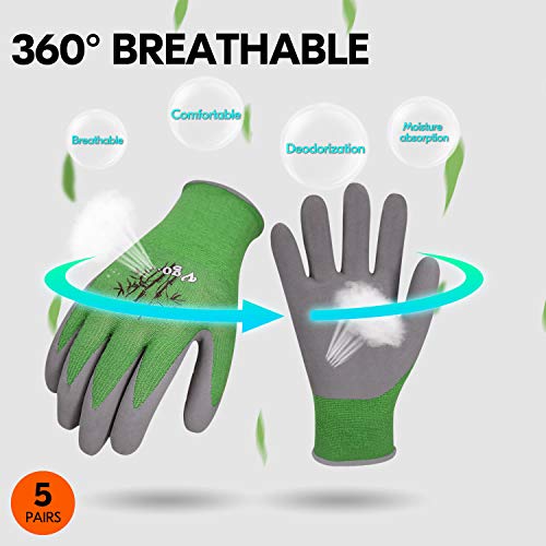 Vgo 5-Pares Guantes de Trabajo de Bambú para Jardineria, Pesca, Almejas, Trabajos de Restauración (Talla M, Verde, RB6026)