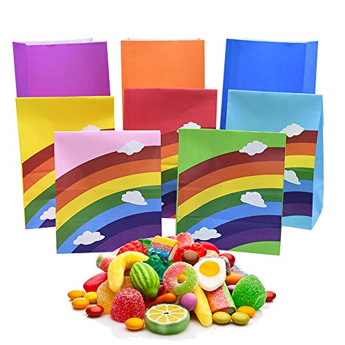 Viccess 48 pcs Bolsas Papel Regalo Arco Iris Bolsas Kraft Colores con 100pcs Pegatina de Forma de Corazon,Fiesta de Cumpleaños Favores Bolsas Utilizar para Recuerdo,Golosinas, Galletas