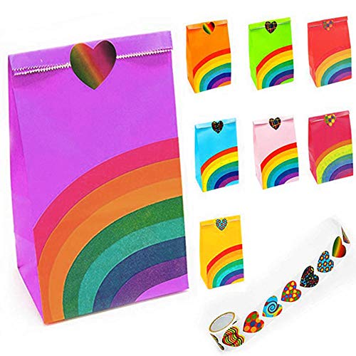 Viccess 48 pcs Bolsas Papel Regalo Arco Iris Bolsas Kraft Colores con 100pcs Pegatina de Forma de Corazon,Fiesta de Cumpleaños Favores Bolsas Utilizar para Recuerdo,Golosinas, Galletas