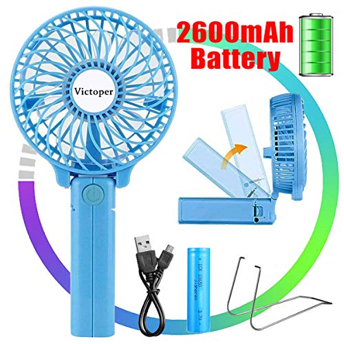 Victoper Mini Ventilador de Mano Portátil, Ventilador USB Portátil Plegable de Sobremesa 3 velocidades con 2600mAh Batería Recargable para Oficina/hogar/Exterior/C amping/Cochecito, etc (Azul)