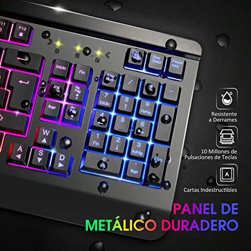 VicTsing Teclado Gaming Español USB, LED Rainbow Retroiluminación con 12 Teclas Multimedia y 19 Teclas Anti-ghosting, Teclado Retroiluminado de Panel Completamente Metálico