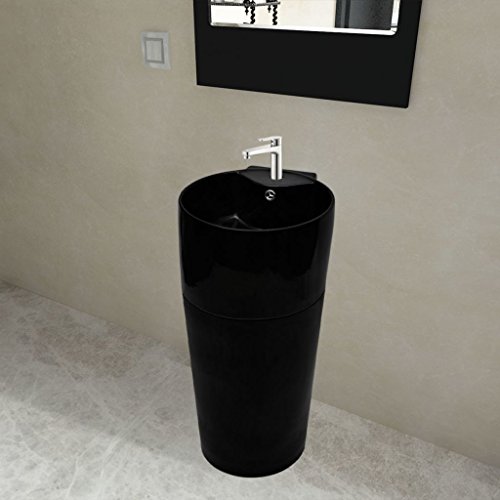vidaXL Lavabo de Pie Redondo Agujero Grifo Desagüe Cerámica Negro Lavamanos