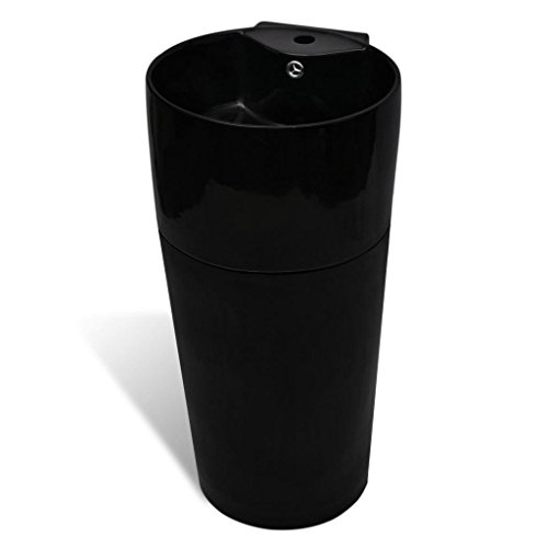 vidaXL Lavabo de Pie Redondo Agujero Grifo Desagüe Cerámica Negro Lavamanos