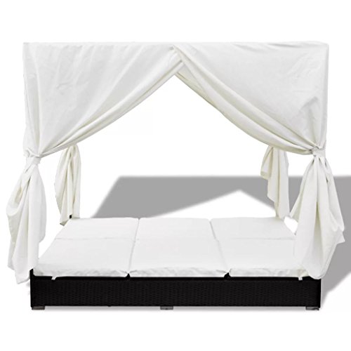 vidaXL Tumbona con Toldo Cortinas Ratán Sintético Negra Blanca Cama de Jardín