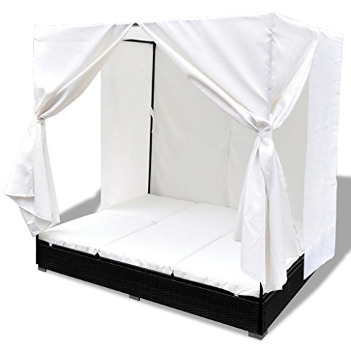 vidaXL Tumbona con Toldo Cortinas Ratán Sintético Negra Blanca Cama de Jardín