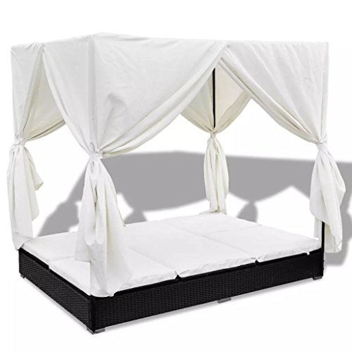 vidaXL Tumbona con Toldo Cortinas Ratán Sintético Negra Blanca Cama de Jardín