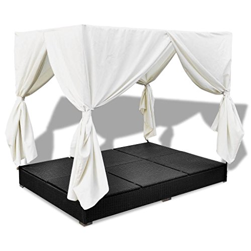 vidaXL Tumbona con Toldo Cortinas Ratán Sintético Negra Blanca Cama de Jardín