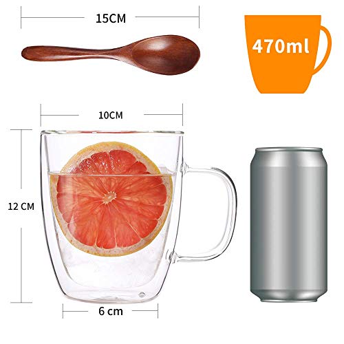 Vidrio de doble pared con tapa y asa, ultra claro taza con aislamiento térmico pared, Incluye Bolsa de té Silicona perfecta para beber un café/té/jugo, 470 ml / 16 oz